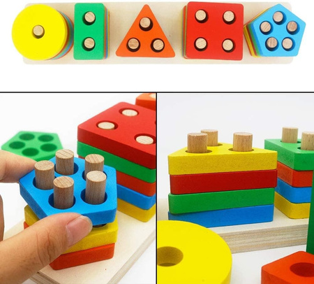 Układanka sensoryczna sorter drewniana MONTESSORI sorter logiczno zręcznościowy kształty kolory